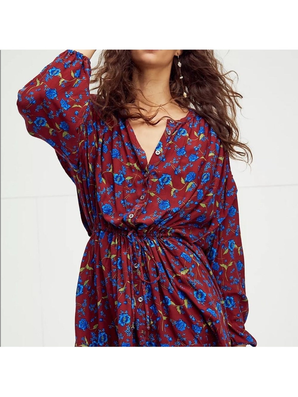 Free People Glower Fields Mini Dress Burgandy/Bold Blue Flowers Size Medium EUC